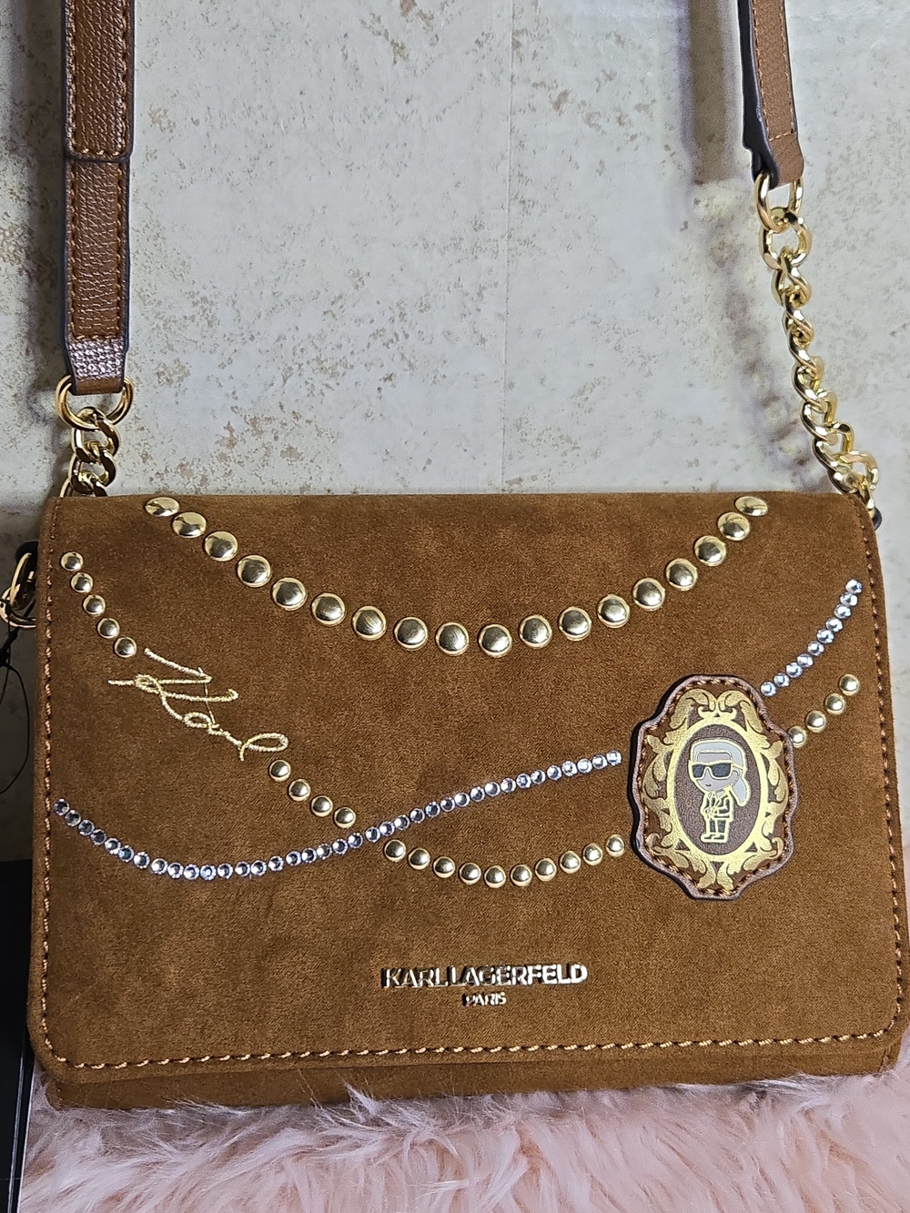 Karl Lagerfeld Brown Suede Crossbody Bag with Stud and Crystal Accents